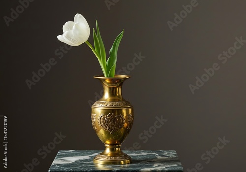 White tulip flower in brass vase