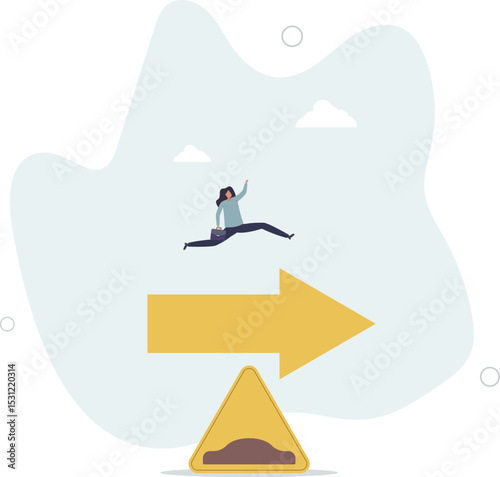Business slow down due to obstacles, difficulty or speed limit, beware of crisis ahead or recession, economic depression concept. character life .