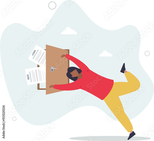 Overspend causing debt problem, financial failure or mistake, mortgage loan risk, bankrupt or credit score trouble concept. character life .