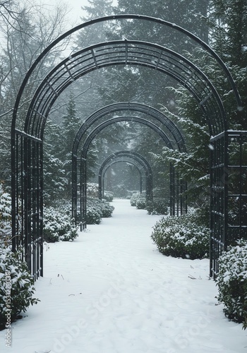 Winter garden path with snow covered arches