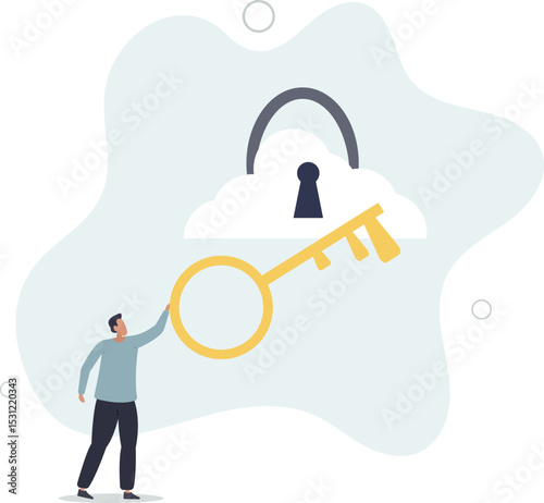 Cloud security system to protect information for remote work, secure shield technology fore safety access online company server. character life .