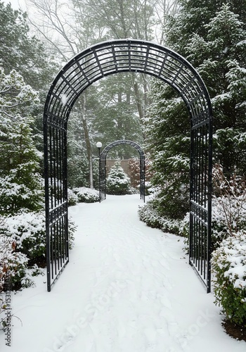 Winter garden path with snowy arches outdoors