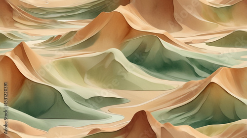 Watercolor Abstract Landscape of Rolling Green and Earth Tone Hills with Nature Inspired Design for Wall Art and Backgrounds