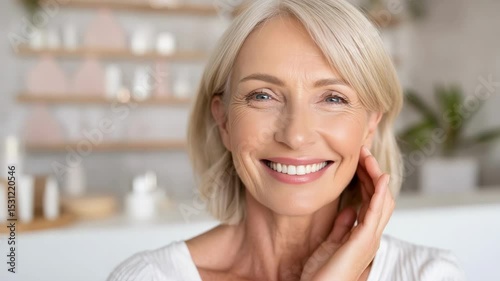 Older woman gently touching her face with a confident smile in a bright, clean bathroom, promoting skincare and self-love.
