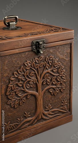 Wooden box with tree design and metal latch