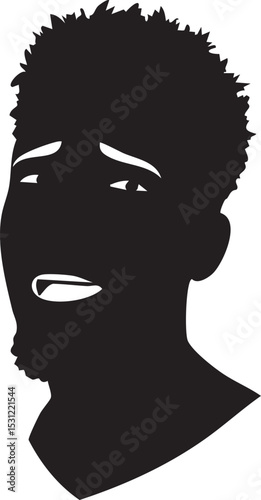 Vector art of a stark black silhouette of a mans head, isolated on white background, shows a face contorted in a mixture of pain and surprise