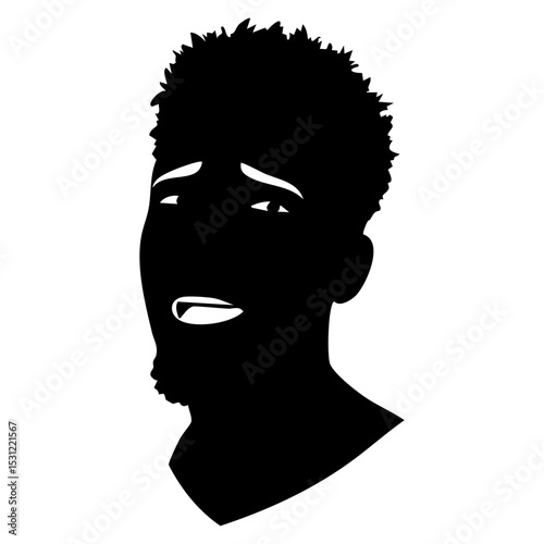 Vector art of a stark black silhouette of a mans head, isolated on white background, shows a face contorted in a mixture of pain and surprise