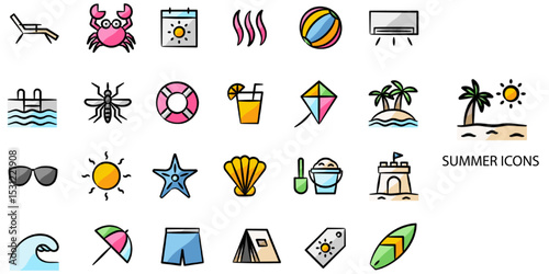 Summer simple concept 24 hand drawn color icons set .Vector illustration.