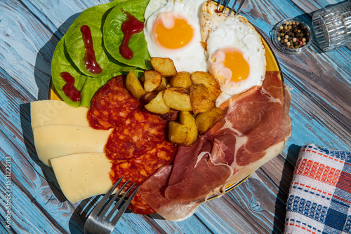 Hotel, breakfast with pancetta, potatoes and scrambled eggs, bullseye egg recipe.