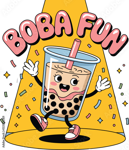 Adorable cartoon illustration of a smiling boba tea character experiencing fun and joy