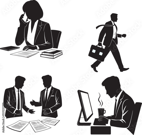 Business professionals in various activities depicted as silhouettes in a black and white design