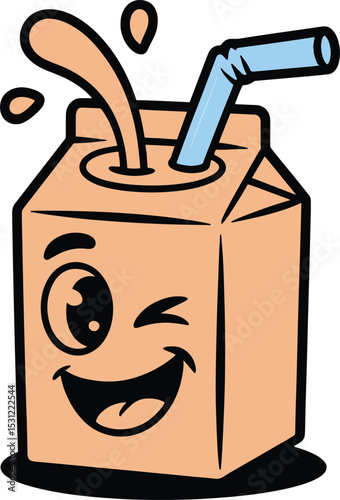Cheerful cartoon milk carton with smiling face spilling and featuring a drinking straw