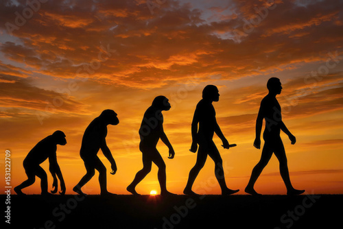Human evolution sunset silhouette stages of mankind