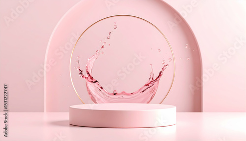 Pink Liquid Splash on Minimalist Podium with Gold Accents