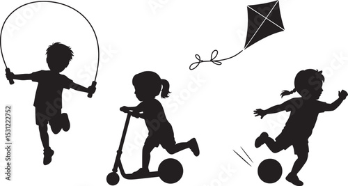 Children playing outdoors with rope scooter kite and ball silhouetted black and white vector illustration