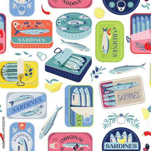 Tin Can Sardines Seamless Pattern On Transparent BG