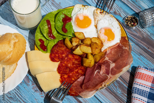 Hotel, breakfast with pancetta, potatoes and scrambled eggs, bullseye egg recipe.