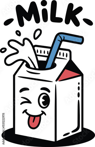 Cute milk carton cartoon with splash and straw in a happy and playful design