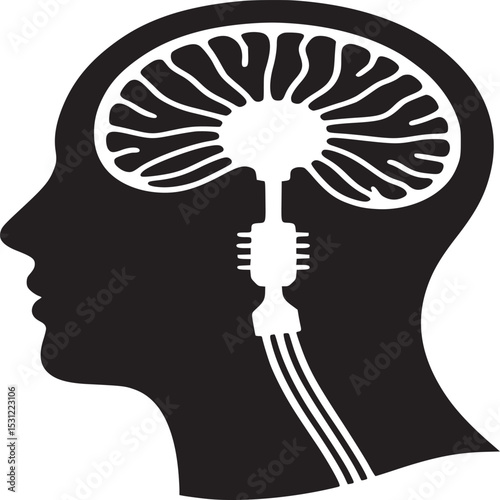 Black silhouette of a head with a brain connected to wires in a white background illustration