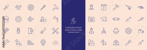 Construction Tools Line Icons Set – Editable Stroke, Building Equipment, Repair, DIY Symbols