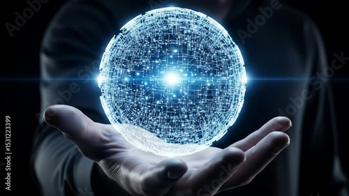 Holding Glowing Digital Sphere Technology in Hand Conceptual Innovation