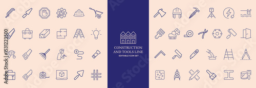 Construction Tools Line Icons Set – Editable Stroke, Building Equipment, Repair, DIY Symbols