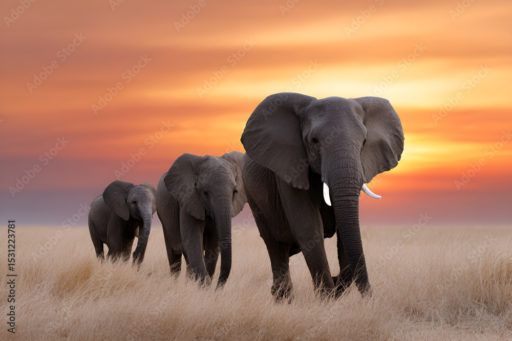 Obraz premium Three elephants walking gracefully through golden grasslands at sunset, showcasing their majestic presence in a serene natural environment with vibrant colors