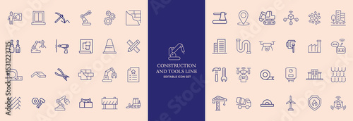 Construction Tools Line Icons Set – Editable Stroke, Building Equipment, Repair, DIY Symbols