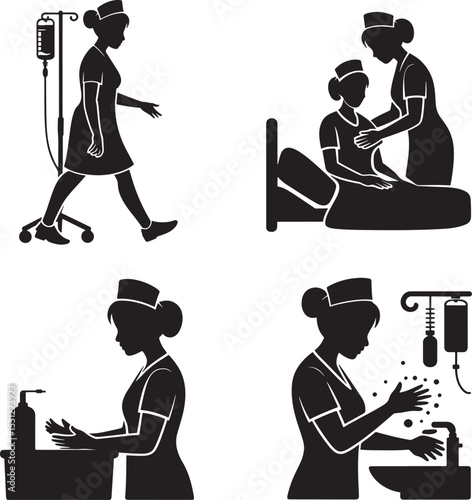 Healthcare medical illustrations depicting nurses providing patient care and maintaining hygiene standards