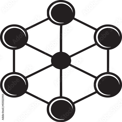 A geometric pattern featuring black circles connected by lines in a hexagonal configuration on white
