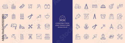 Construction Tools Line Icons Set – Editable Stroke, Building Equipment, Repair, DIY Symbols