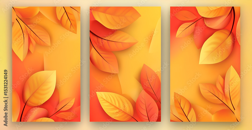 Fototapeta premium Colorful autumn leaves in vibrant shades of orange, yellow, and red create a warm and inviting atmosphere in a seamless pattern illustration for seasonal decor and design projects