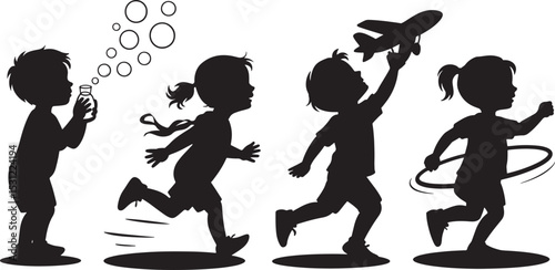 Playful silhouette illustration of four children having fun with bubbles and toys