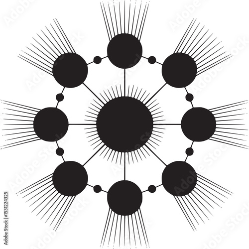 Black and white graphic design featuring circles connected by lines and radiating thin lines around them