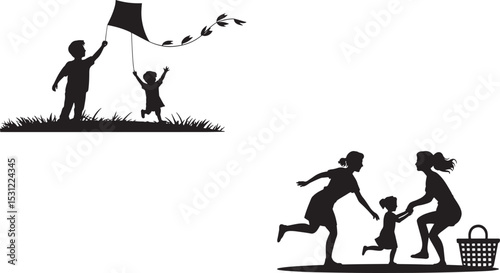 Silhouette illustration depicting happy family moments including kite flying and outdoor activities.