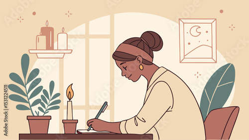 Woman Writing in Cozy Home Office Finding Inspiration and Creativity in Peaceful Atmosphere