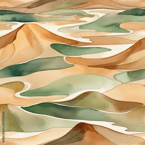 Watercolor Abstract Landscape of Rolling Green and Earth Tone Hills with Nature Inspired Design for Wall Art and Backgrounds