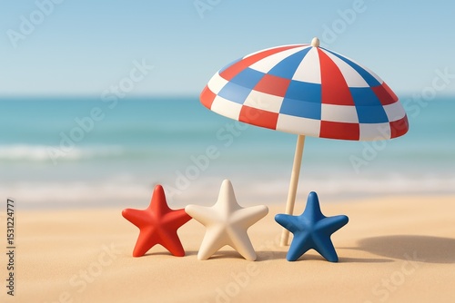Patriotic beach scene with stars and umbrella