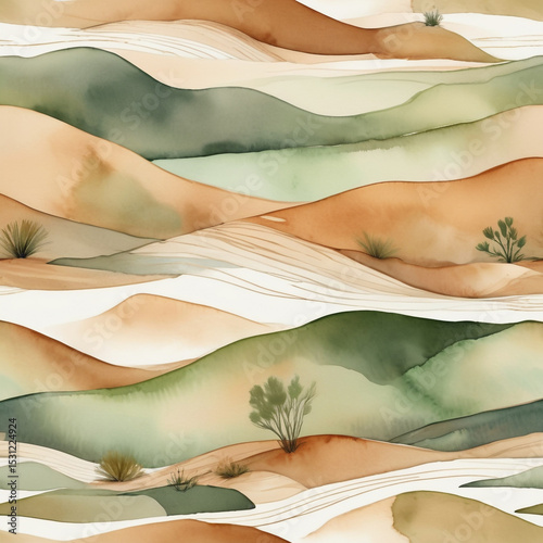 Watercolor Abstract Landscape of Rolling Green and Earth Tone Hills with Nature Inspired Design for Wall Art and Backgrounds