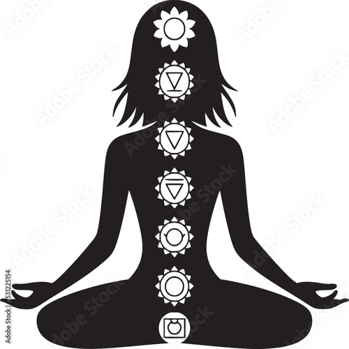 Silhouette of a woman meditating with chakra symbols aligned along the spine in black and white image