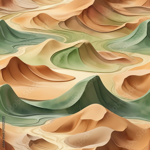 Watercolor Abstract Landscape of Rolling Green and Earth Tone Hills with Nature Inspired Design for Wall Art and Backgrounds