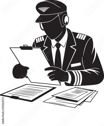 Silhouette of an airline pilot reviewing documents with clipboard and uniform