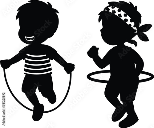 Silhouetted children engaging in active play jumping rope and hula hooping activities