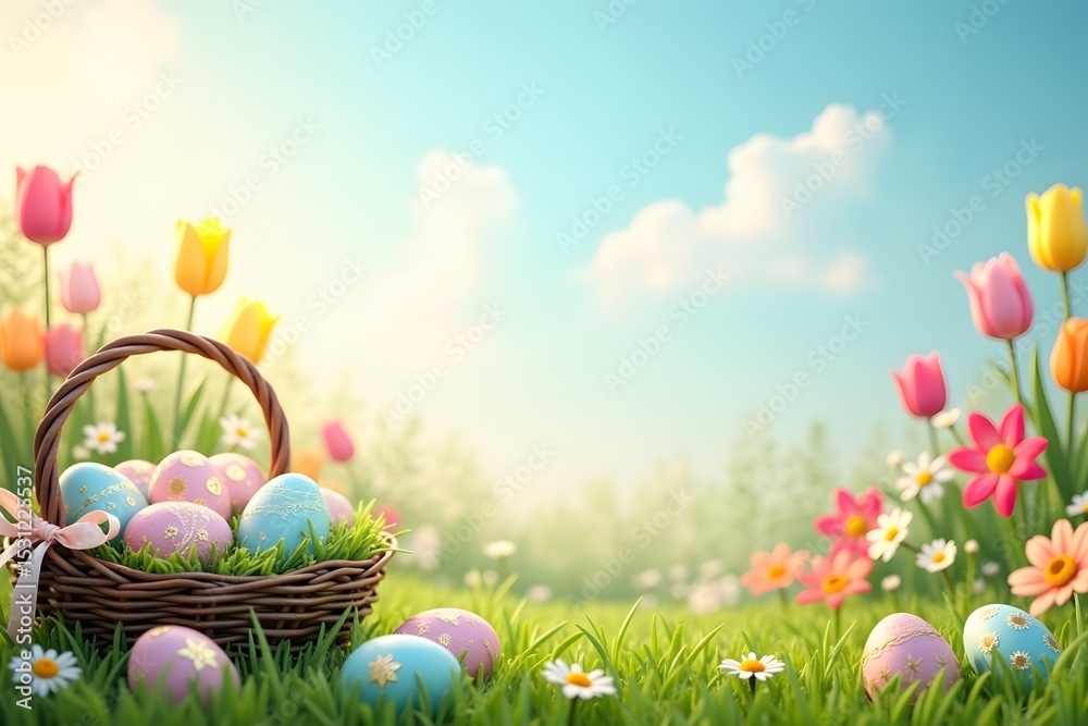 Fototapeta premium Beautiful easter scene with decorated eggs in basket and blooming spring flowers under a bright sky