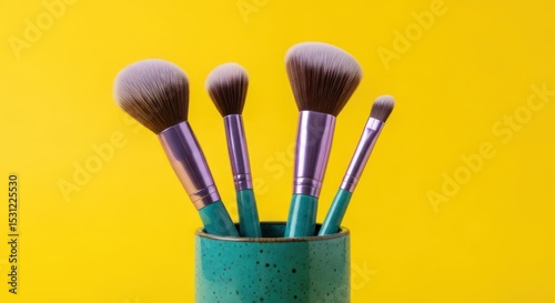 Makeup brushes in a teal ceramic holder against a vibrant yellow backdrop.