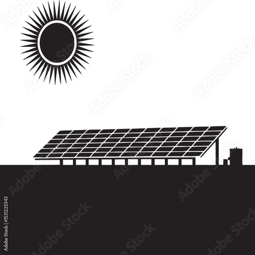 Black and white illustration of solar panels under a sun in a minimalist style silhouette design