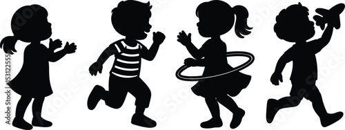 Silhouetted children playing activities with a hula hoop and toy airplane in black