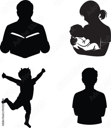 Silhouetted figures of family moments depicting reading, motherhood, childhood, and paternity