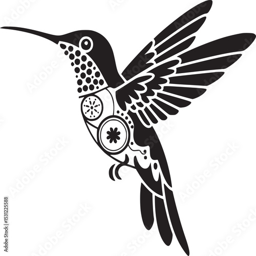 Black and white illustration of a hummingbird with decorative patterns on its body and wings spread out