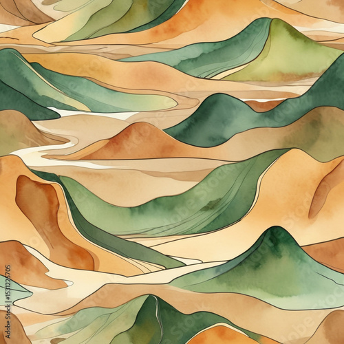 Watercolor Abstract Landscape of Rolling Green and Earth Tone Hills with Nature Inspired Design for Wall Art and Backgrounds